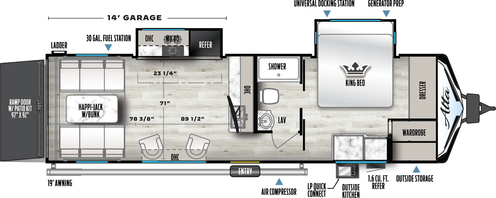 The 2870KTH has two slideouts and one entry door. Exterior features include an LP quick connect, outside kitchen, air compressor, 19 foot awning, outside storage, ladder, 30 gallon fuel station, universal docking station, and generator prep. Interior layout front to back: front dresser and wardrobe; off-door side king bed slideout; off-door side aisle pass through full bathroom; kitchen counter with sink and overhead cabinet with TV along inner wall; off-door side slideout with refrigerator, microwave, oven, and overhead cabinet; door side entry, chairs, and overhead cabinet; rear happi-jack with bunk; rear ramp door with patio kit. Garage dimensions: 14 foot garage; 101 inches wide; 78 3/8 inches from rear to kitchen slideout; 89 1/2 inches from rear to sink counter; 71 inches from side to side; 23 1/4 inches length of kitchen slideout; 97 inch x 92 inch rear ramp door. 